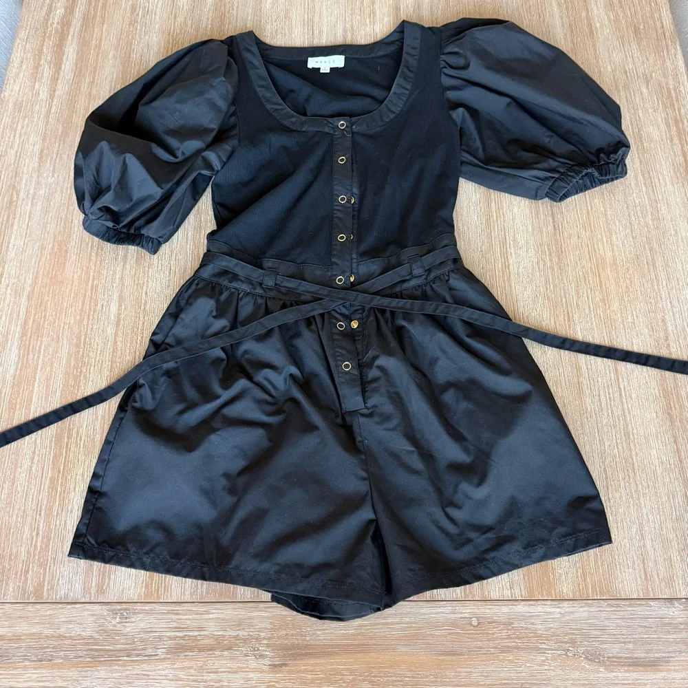 MABLE puff sleeve black romper, tie waist, Georgina, Small - Picture 5 of 9